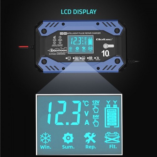 Qoltec 52482 Intelligent charger for STD AGM GEL LiFePO4 | Battery charger with repair function |12-24V |10A | LCD | 9 - stage charging-3