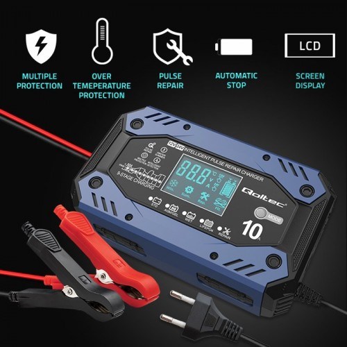 Qoltec 52482 Intelligent charger for STD AGM GEL LiFePO4 | Battery charger with repair function |12-24V |10A | LCD | 9 - stage charging-2