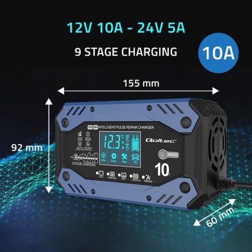 Qoltec 52482 Intelligent charger for STD AGM GEL LiFePO4 | Battery charger with repair function |12-24V |10A | LCD | 9 - stage charging-11