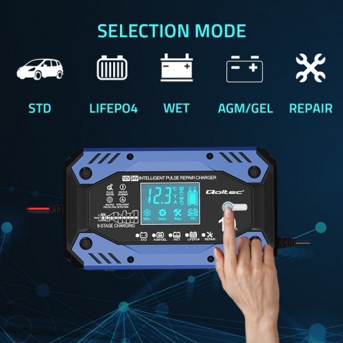 Qoltec 52482 Intelligent charger for STD AGM GEL LiFePO4 | Battery charger with repair function |12-24V |10A | LCD | 9 - stage charging-1