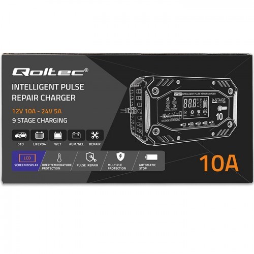 Qoltec 52482 Intelligent charger for STD AGM GEL LiFePO4 | Battery charger with repair function |12-24V |10A | LCD | 9 - stage charging-9