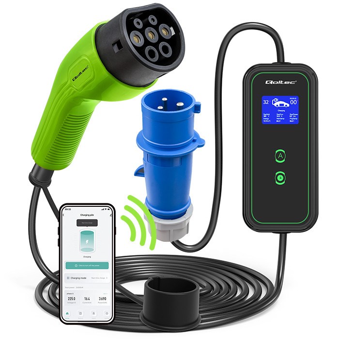 Prijenosni punjač za električna vozila QOLTEC 2u1 Type2 (3.7kW, 230V, CEE 3-pin, Wi-Fi, LCD)-0