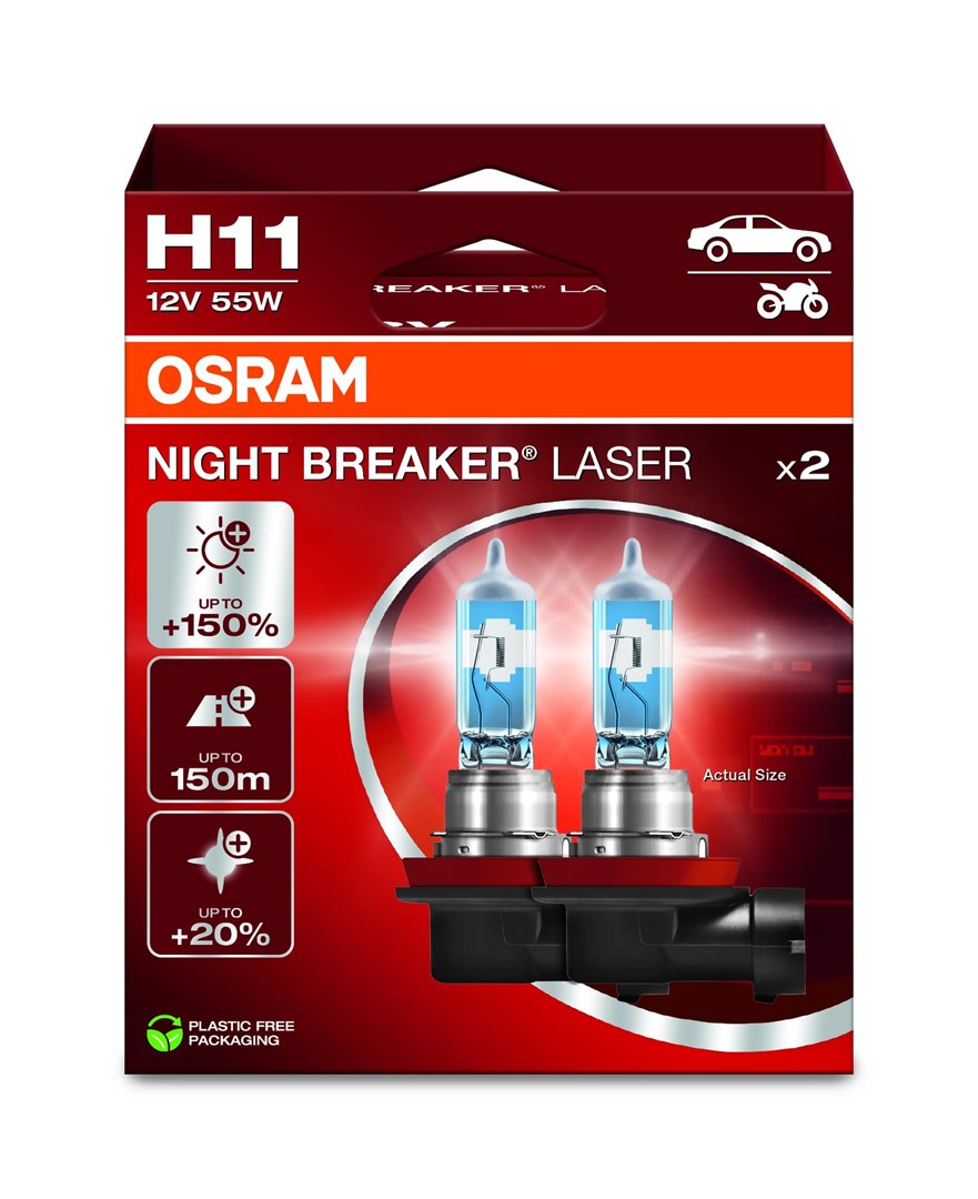 Bulb (Set of 2) H11 12V 55W PGJ 19-2 up to 150 m beam, up to 150% more brightness, up to 20% whiter light Night Breaker Laser, white-0