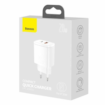 Zidni punjač BASEUS Compact Quick Charger 20W (2x USB-A, 1x USB-C) bijela boja-2