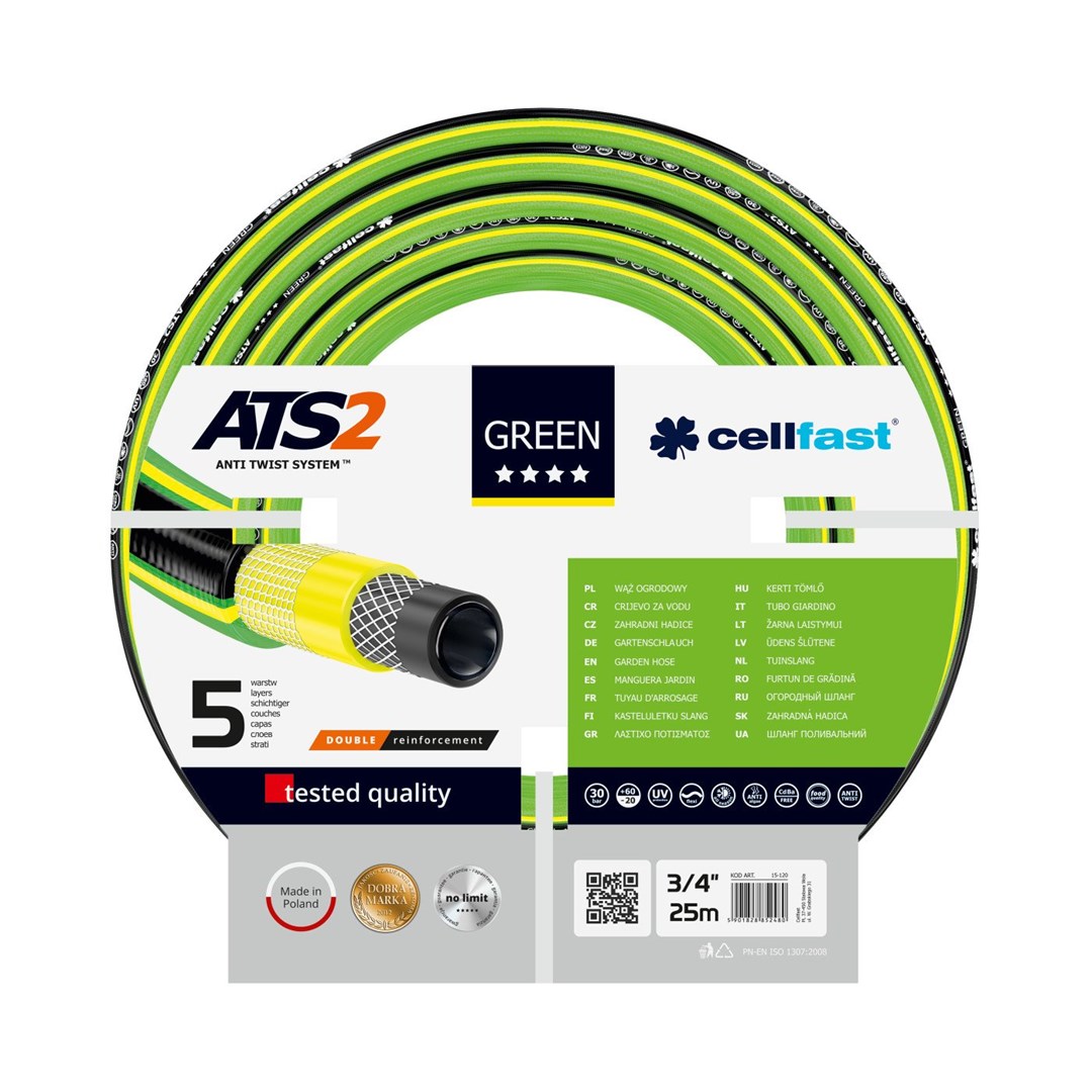 Vrtno crijevo CELLFAST GREEN ATS2™ 3/4" 25m (5-slojno, otporno na uvijanje, 30 bar)-0