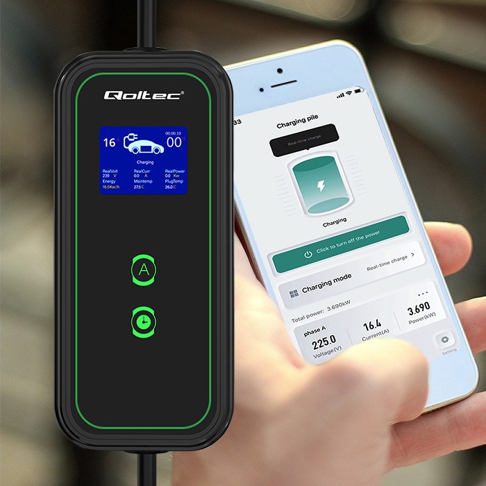 Punjač za električna vozila QOLTEC Mobile EV Charger 2u1 Type2 (3.5kW, 230V, Wi-Fi, LCD, 5m)-0