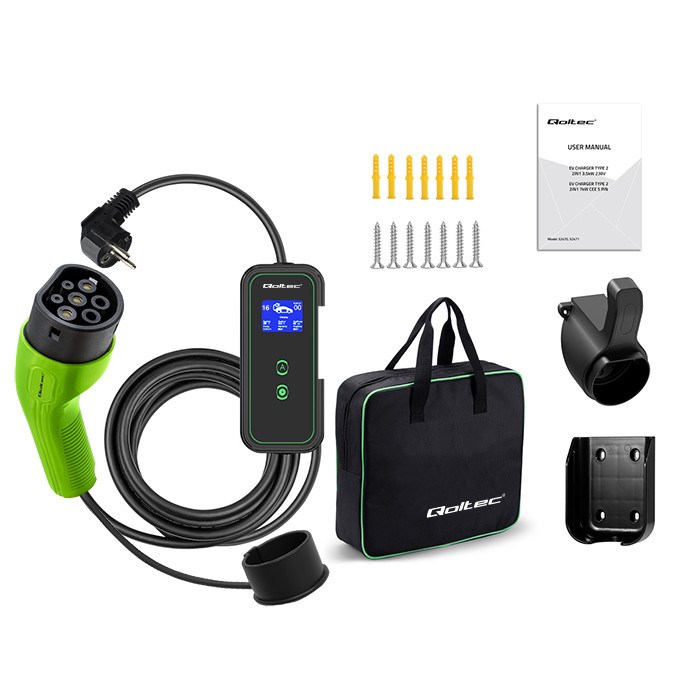 Punjač za električna vozila QOLTEC Mobile EV Charger 2u1 Type2 (3.5kW, 230V, Wi-Fi, LCD, 5m)-2