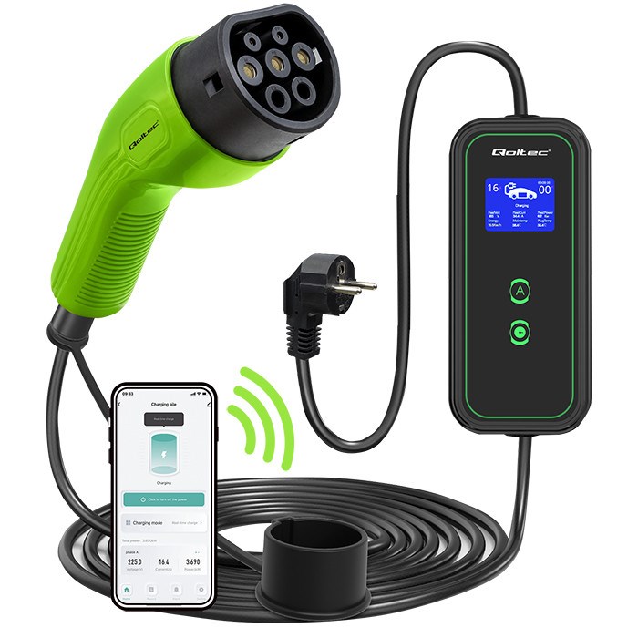 Punjač za električna vozila QOLTEC Mobile EV Charger 2u1 Type2 (3.5kW, 230V, Wi-Fi, LCD, 5m)-8