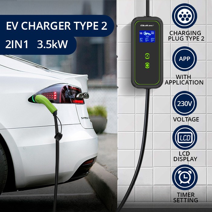 Punjač za električna vozila QOLTEC Mobile EV Charger 2u1 Type2 (3.5kW, 230V, Wi-Fi, LCD, 5m)-9