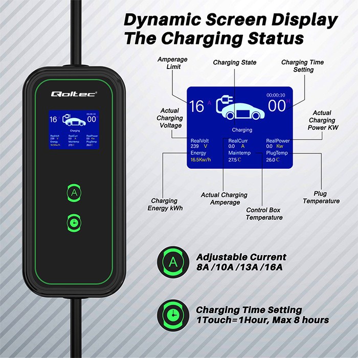 Punjač za električna vozila QOLTEC Mobile EV Charger 2u1 Type2 (3.5kW, 230V, Wi-Fi, LCD, 5m)-1
