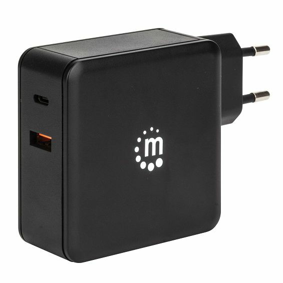 Zidni punjač MANHATTAN 60W (USB-C PD, USB-A) crna boja-1