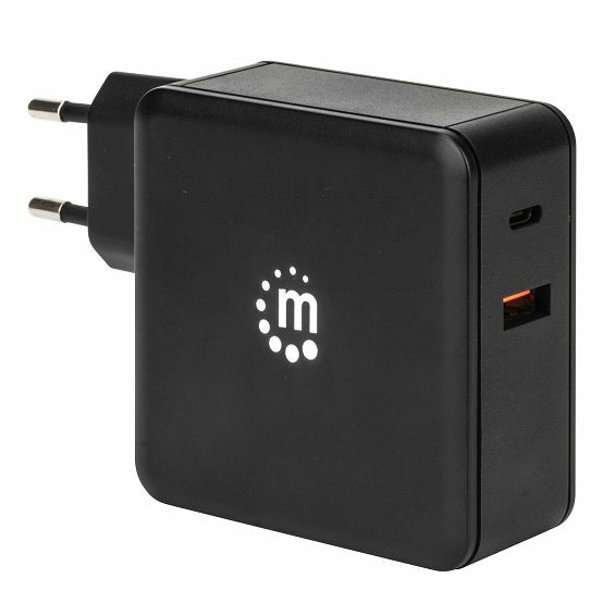 Zidni punjač MANHATTAN 60W (USB-C PD, USB-A) crna boja-0