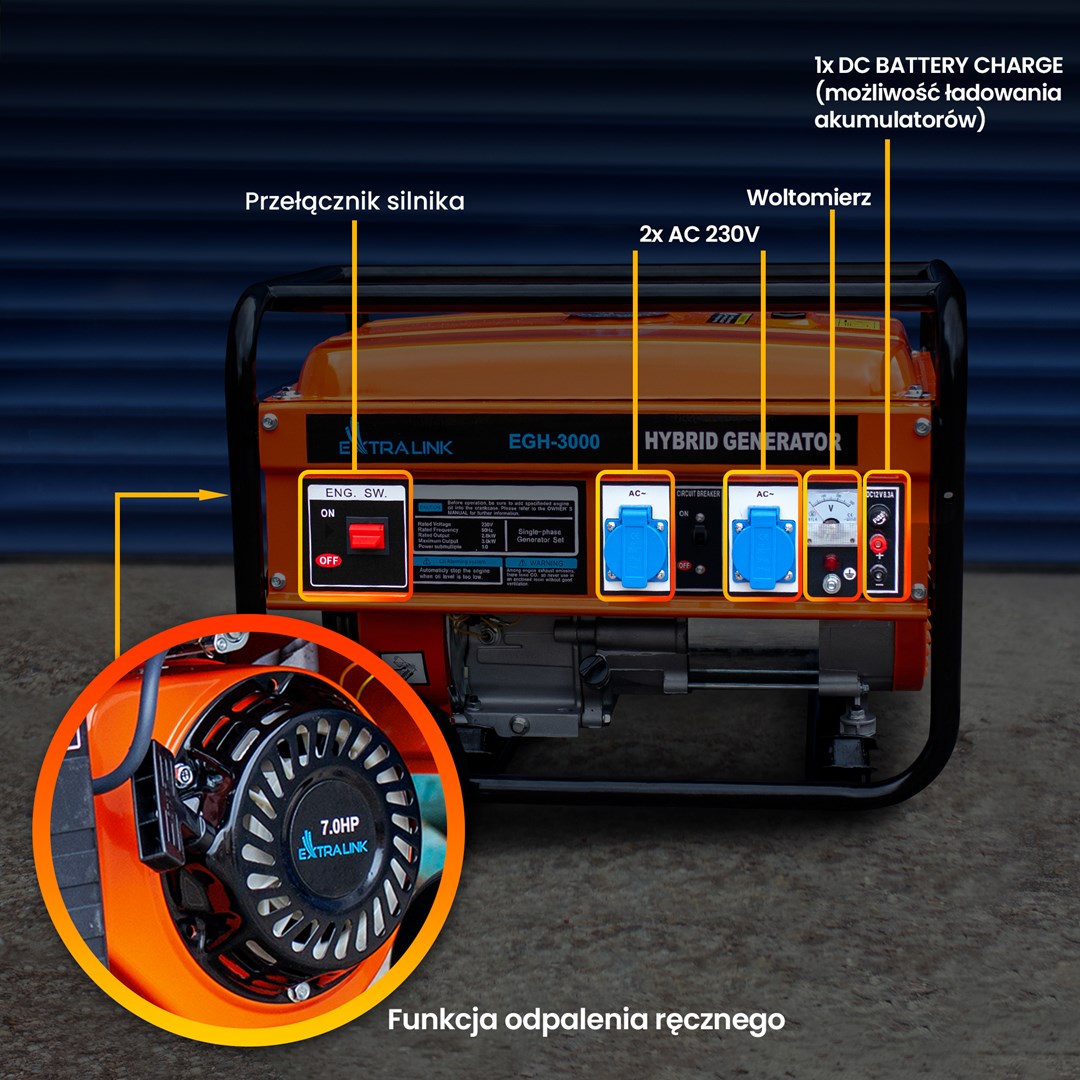 Generator Extralink EGH-3000 hybrid (Maksimalna snaga 3000 W, Kapacitet spremnika goriva 15 L, Prirodni plin/LPG/Benzin, Napon 220 V, Crna/Narančasta)-24