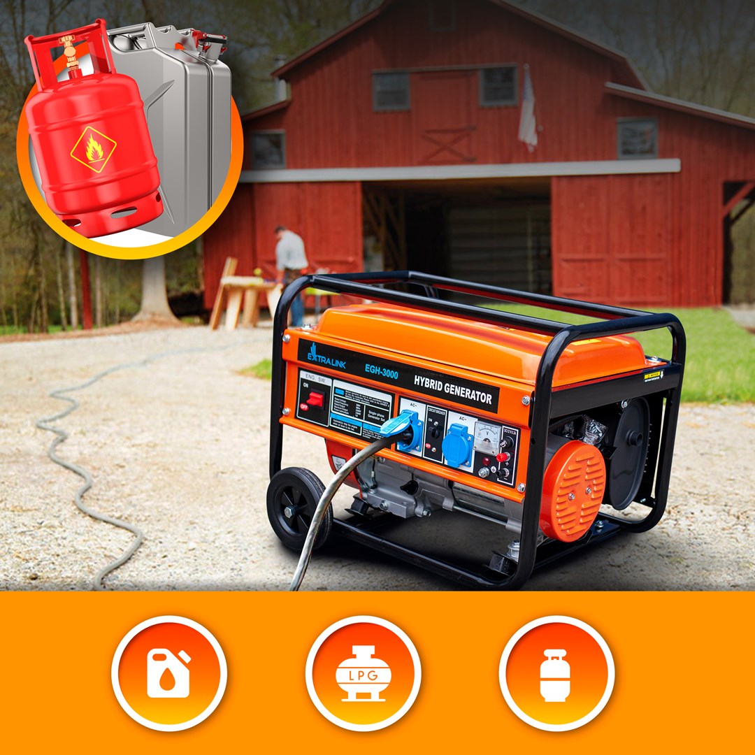 Generator Extralink EGH-3000 hybrid (Maksimalna snaga 3000 W, Kapacitet spremnika goriva 15 L, Prirodni plin/LPG/Benzin, Napon 220 V, Crna/Narančasta)-12