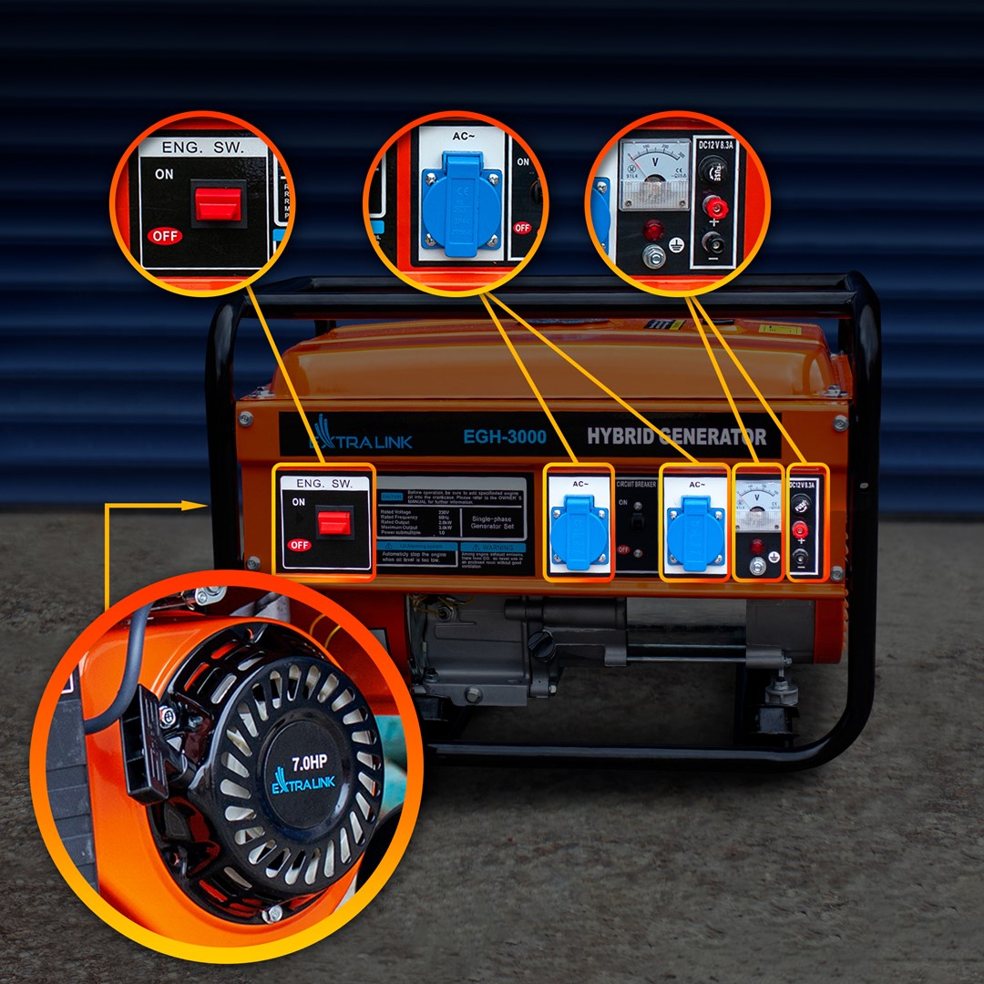 Generator Extralink EGH-3000 hybrid (Maksimalna snaga 3000 W, Kapacitet spremnika goriva 15 L, Prirodni plin/LPG/Benzin, Napon 220 V, Crna/Narančasta)-6