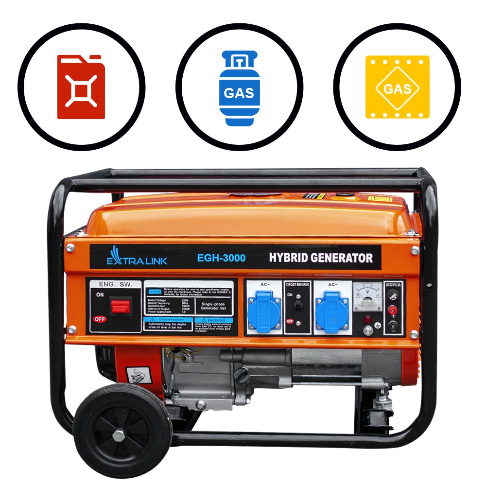 Generator Extralink EGH-3000 hybrid (Maksimalna snaga 3000 W, Kapacitet spremnika goriva 15 L, Prirodni plin/LPG/Benzin, Napon 220 V, Crna/Narančasta)-1