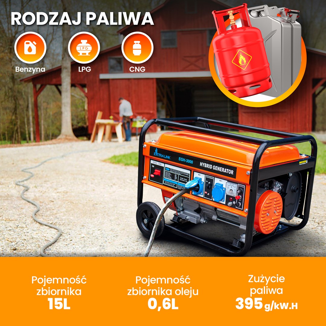 Generator Extralink EGH-3000 hybrid (Maksimalna snaga 3000 W, Kapacitet spremnika goriva 15 L, Prirodni plin/LPG/Benzin, Napon 220 V, Crna/Narančasta)-23