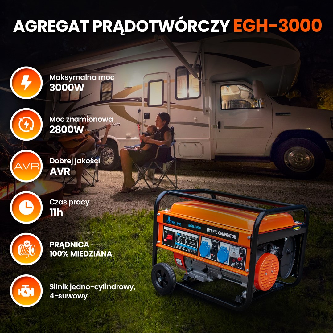 Generator Extralink EGH-3000 hybrid (Maksimalna snaga 3000 W, Kapacitet spremnika goriva 15 L, Prirodni plin/LPG/Benzin, Napon 220 V, Crna/Narančasta)-7