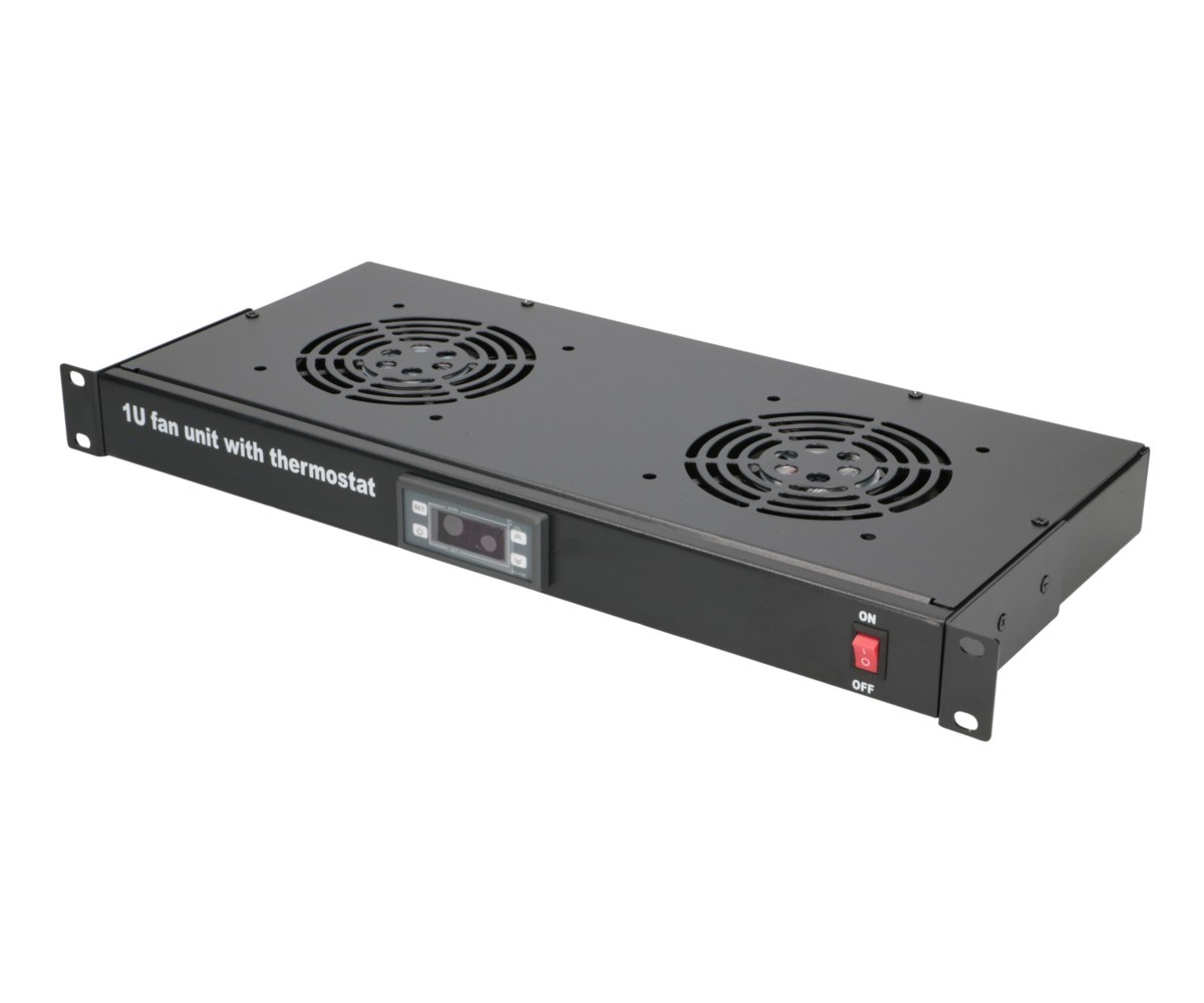Fan panel EXTRALINK, 19", 2 ventilatora, s termostatom (AC ulazna frekvencija 50 - 60 Hz, AC ulazni napon 240 V, crna boja, metalno kućište)-0
