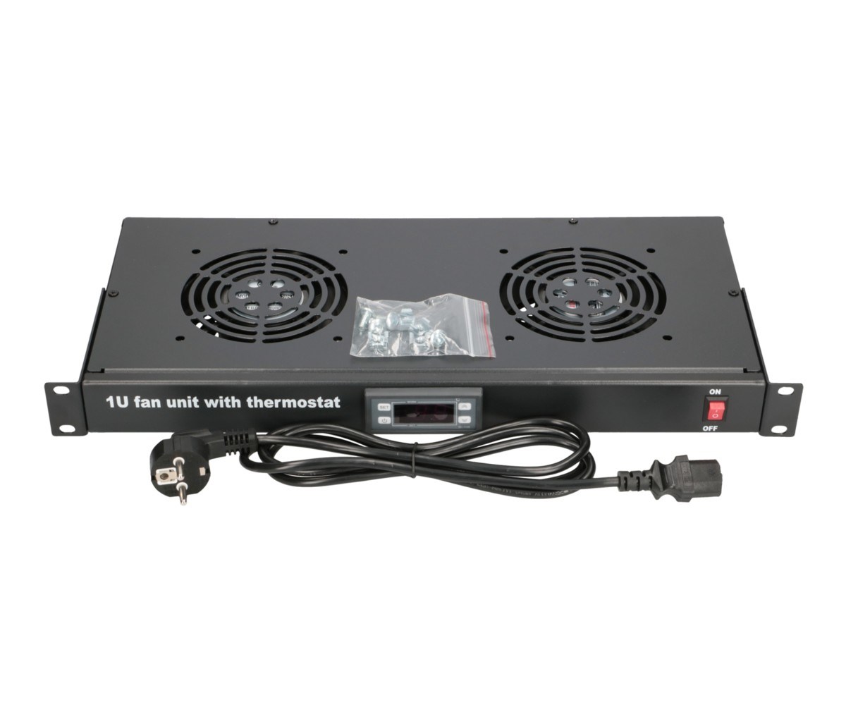 Fan panel EXTRALINK, 19", 2 ventilatora, s termostatom (AC ulazna frekvencija 50 - 60 Hz, AC ulazni napon 240 V, crna boja, metalno kućište)-2
