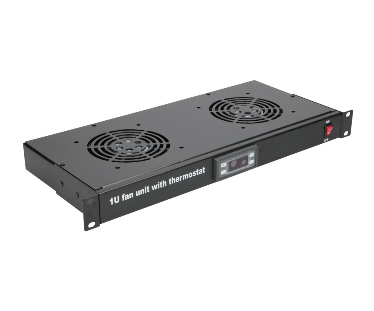 Fan panel EXTRALINK, 19", 2 ventilatora, s termostatom (AC ulazna frekvencija 50 - 60 Hz, AC ulazni napon 240 V, crna boja, metalno kućište)-1