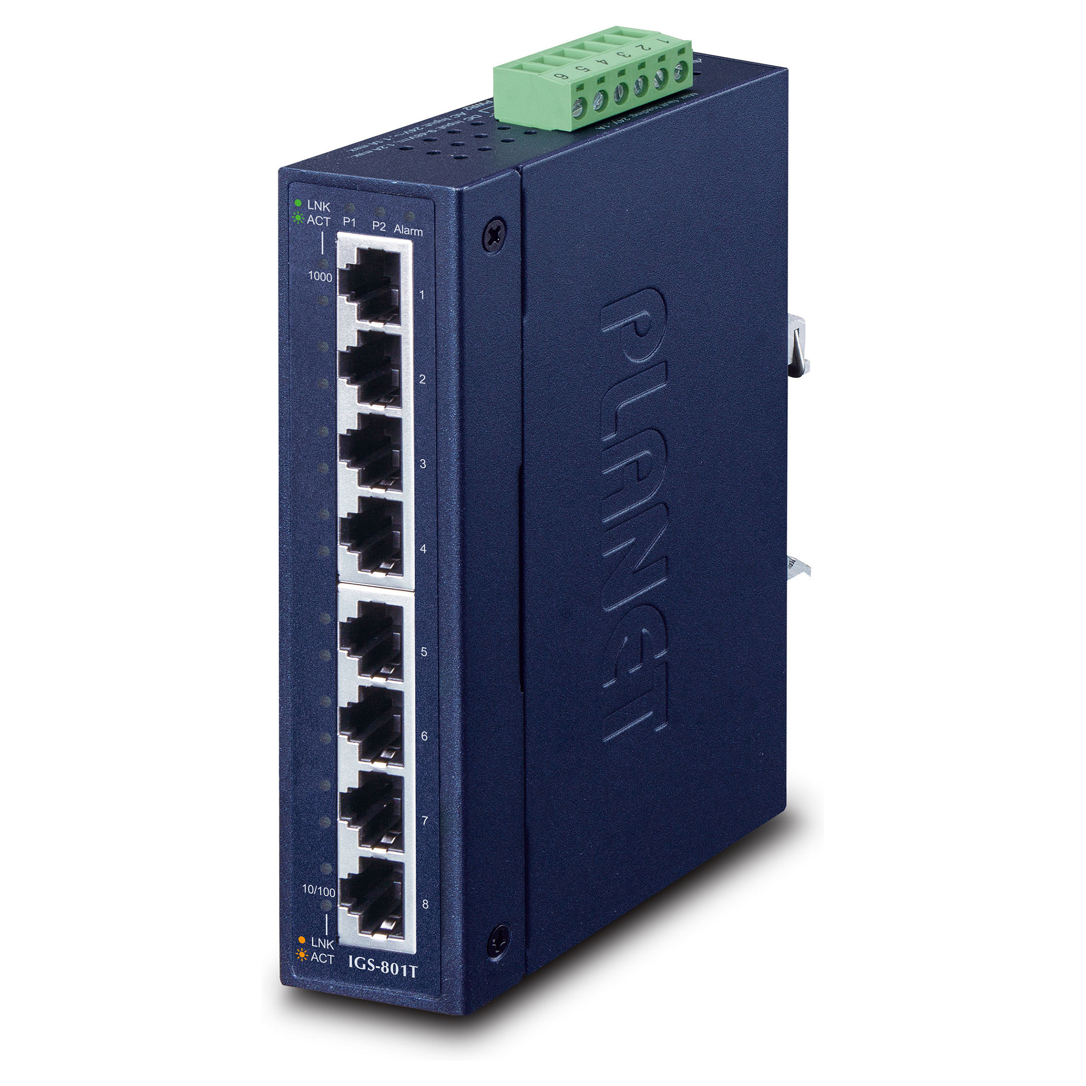 Industrijski mrežni switch PLANET IGS-801T (8x 10/100/1000T, Unmanaged, IP30, -40~75°C)