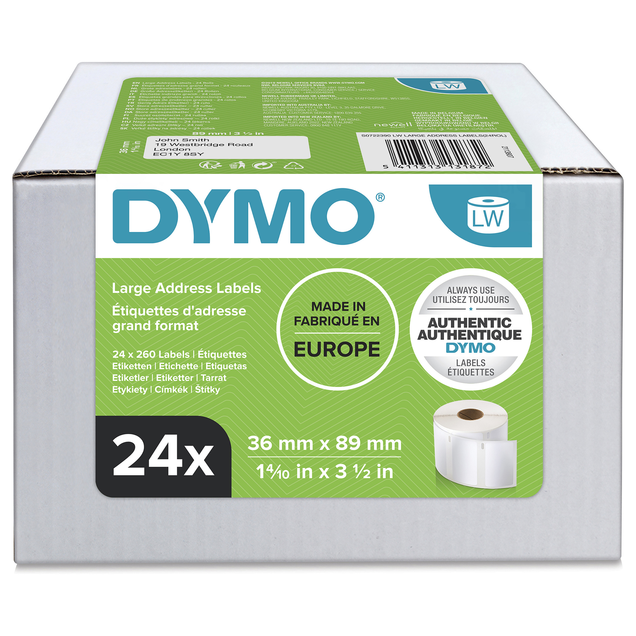 Etikete DYMO Large Address Labels - 36 x 89 mm - S0722390 (8.9 cm širine, 3.6 cm visine, 6240 etiketa po pakiranju, bijele, samoljepljive)