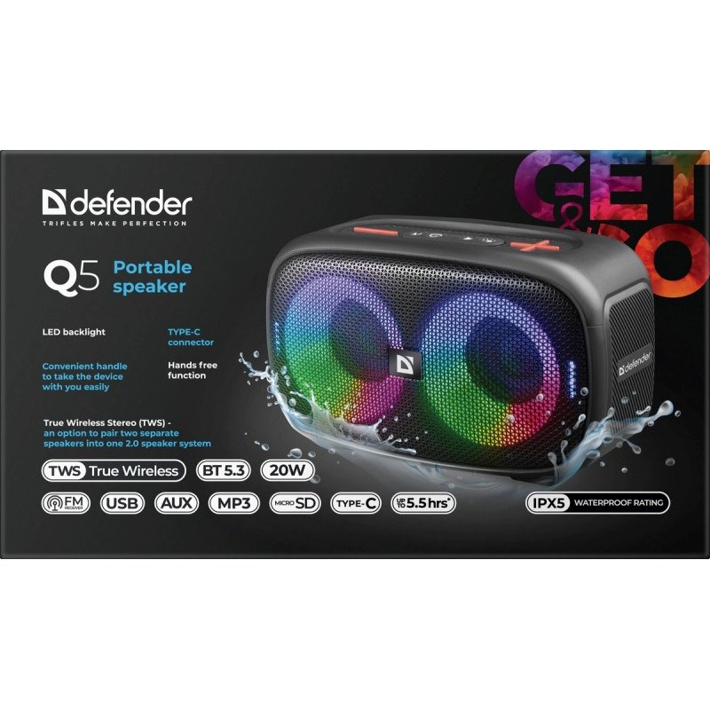 Bluetooth zvučnik DEFENDER Q5 (BT 5.3, 20W, LED, FM, USB, TWS, crni)-6