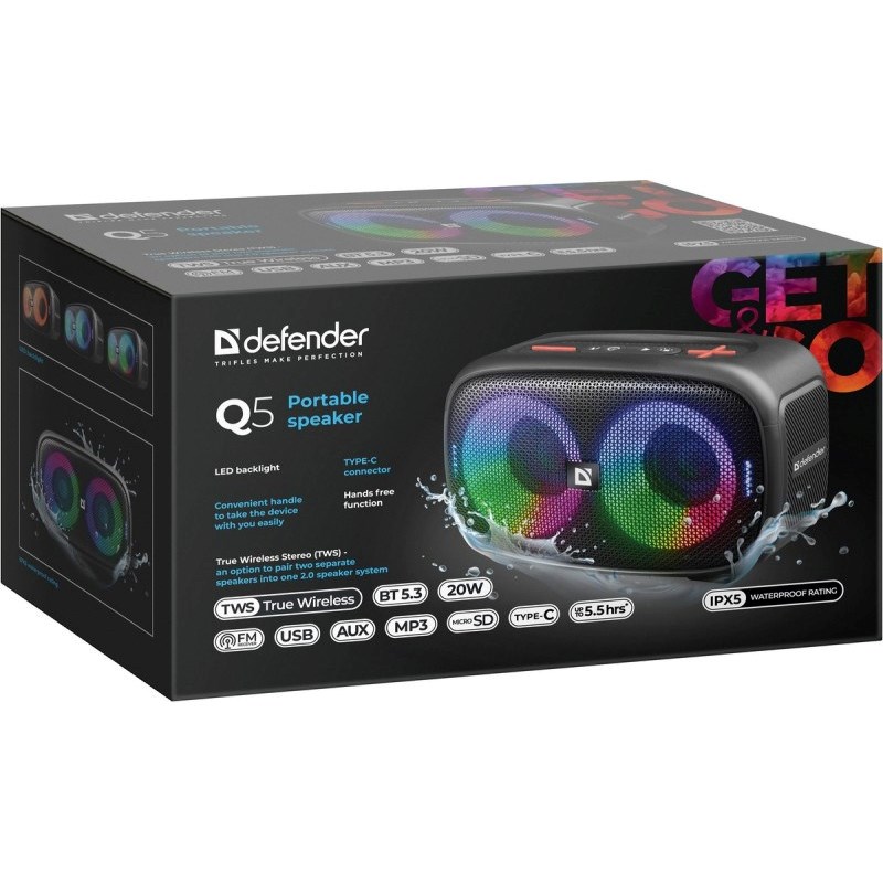 Bluetooth zvučnik DEFENDER Q5 (BT 5.3, 20W, LED, FM, USB, TWS, crni)-3