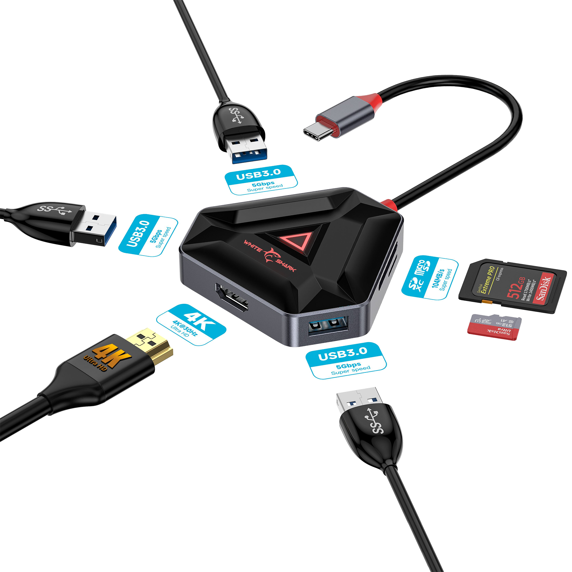 USB hub WHITE SHARK HEXAGON, USB-C, 6 u 1-1