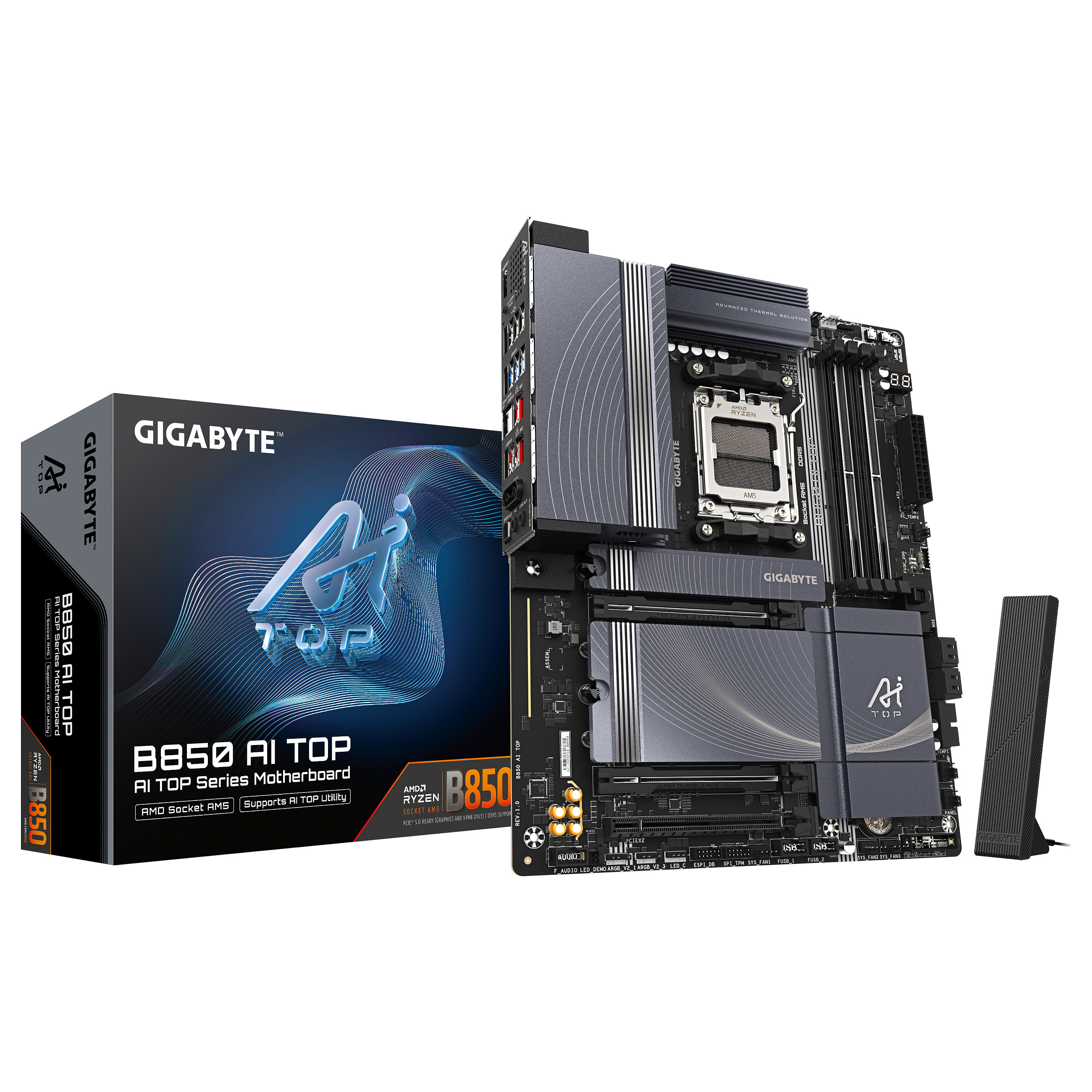 Matična ploča GIGABYTE B850 AI TOP (AMD Ryzen 9000, 16+2+2 Phases Digital VRM, do 8600MHz DDR5 (OC), 2xPCIe 5.0 + 1xPCIe 4.0 M.2, 10 LAN, WIFI 7, USB 3.2 Gen 2x2)-0