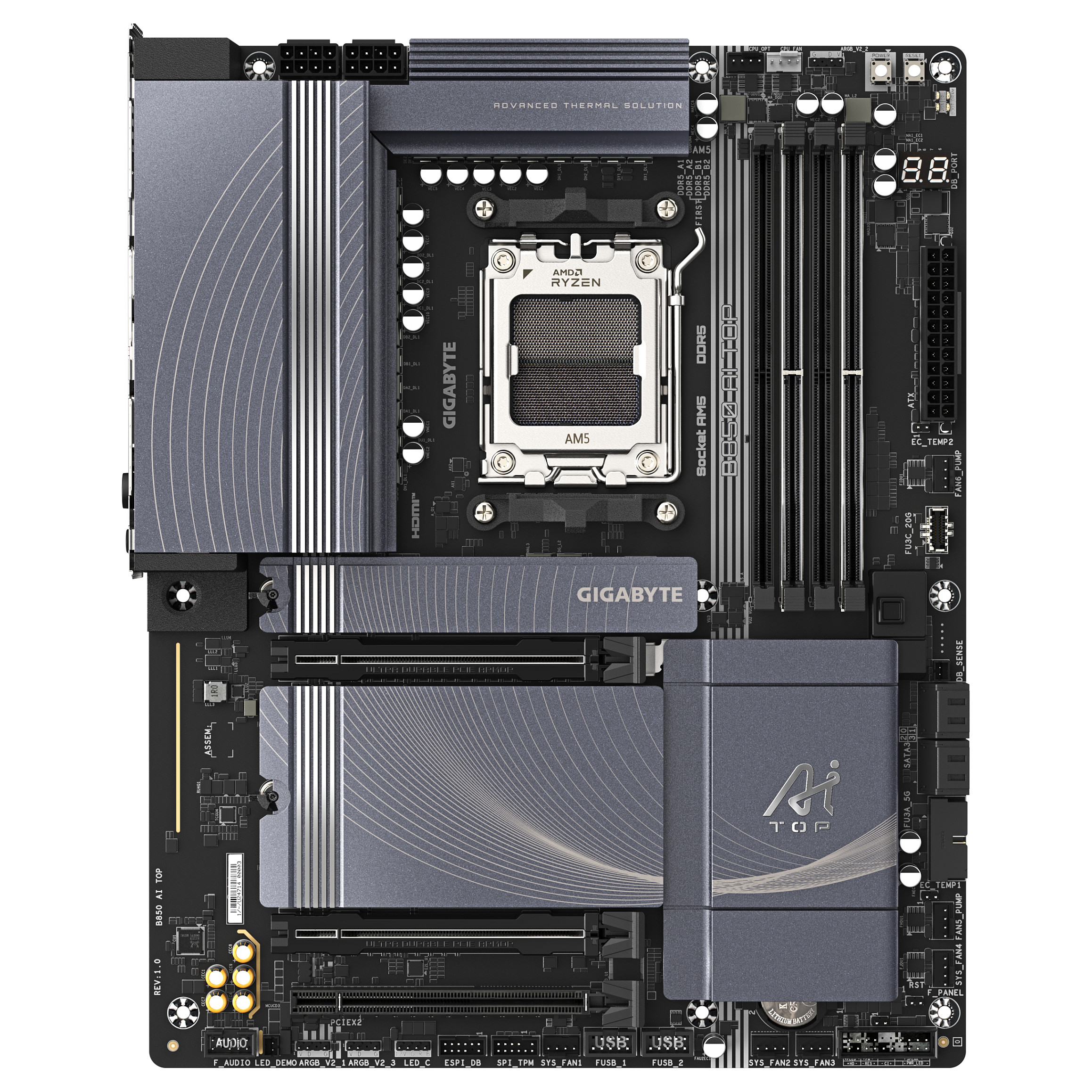 Matična ploča GIGABYTE B850 AI TOP (AMD Ryzen 9000, 16+2+2 Phases Digital VRM, do 8600MHz DDR5 (OC), 2xPCIe 5.0 + 1xPCIe 4.0 M.2, 10 LAN, WIFI 7, USB 3.2 Gen 2x2)-1