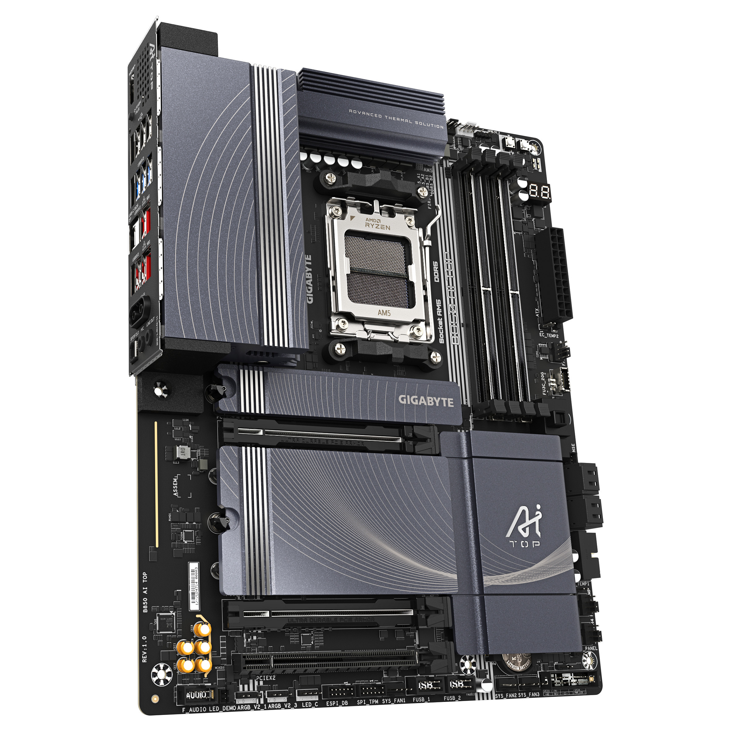 Matična ploča GIGABYTE B850 AI TOP (AMD Ryzen 9000, 16+2+2 Phases Digital VRM, do 8600MHz DDR5 (OC), 2xPCIe 5.0 + 1xPCIe 4.0 M.2, 10 LAN, WIFI 7, USB 3.2 Gen 2x2)-2