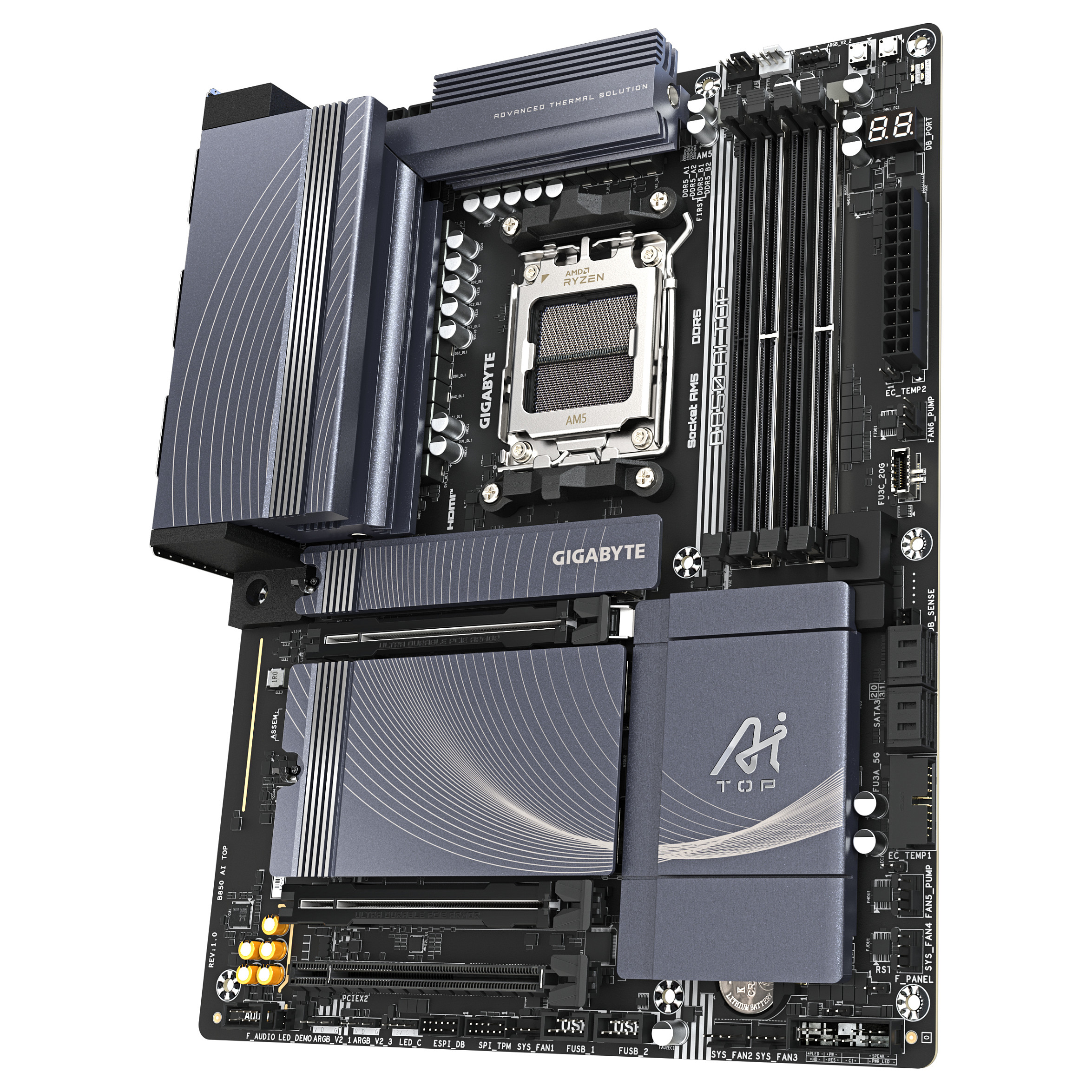Matična ploča GIGABYTE B850 AI TOP (AMD Ryzen 9000, 16+2+2 Phases Digital VRM, do 8600MHz DDR5 (OC), 2xPCIe 5.0 + 1xPCIe 4.0 M.2, 10 LAN, WIFI 7, USB 3.2 Gen 2x2)-3