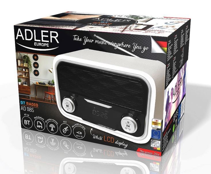 Radio ADLER AD1185 (Bluetooth, AUX, FM, SD, USB, bijeli)-2
