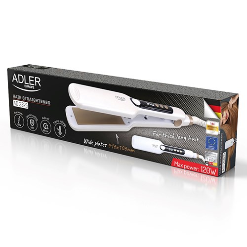 Pegla za kosu ADLER 2325 (bijela, keramičke široke ploče 4,1 × 10,6 cm, LCD zaslon, 7 temperatura 150–210 °C, hladni vrh, rotirajući kabel, 120 W)-5