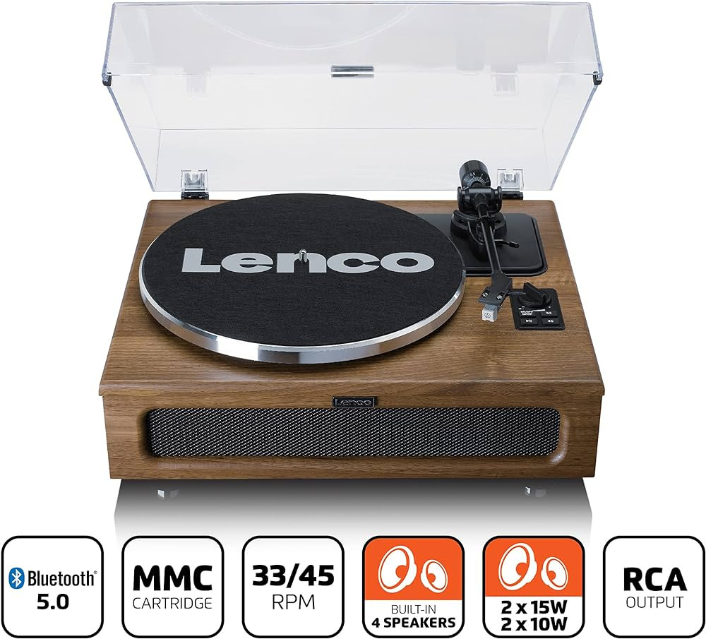 Gramofon LENCO LS-410WA, 4 ugrađena zvučnika 2x15W, 2x10W, Bluetooth 5, ugrađeno predpojačalo, RCA izlaz, AUX ulaz, 33 i 45 RPM, Audio-Technica AT3600 cartridge, wood-5