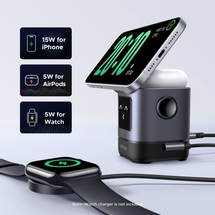 Kućni punjač UGREEN Robot Uno, 15W, bežični, sivi-5