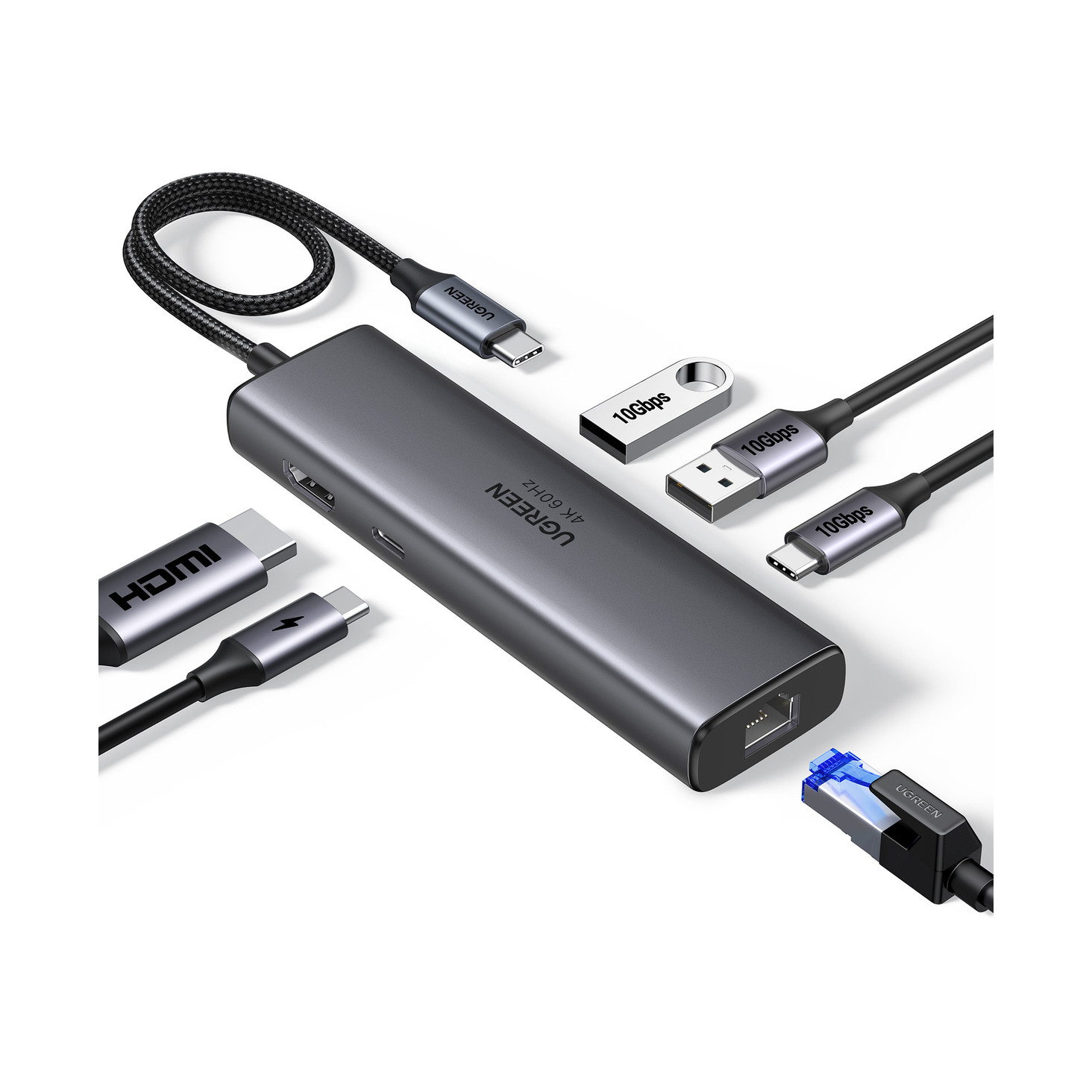 USB HUB UGREEN 6-in-1, USB-C na USB-C, USB-C PowerDelivery 100W, 2x USB-A, HDMI 4K@60, RJ45, sivi-0