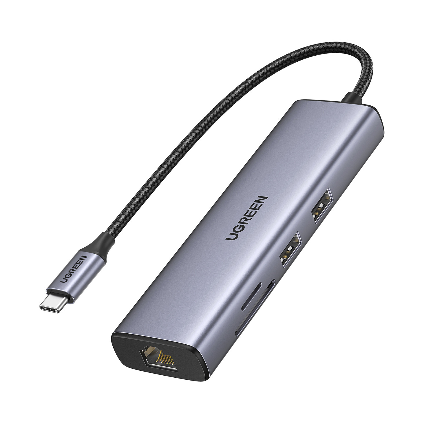 USB HUB UGREEN 7-in-1, USB-C na USB-C PD 100W, 2x USB-A 3.0, HDMI 4K@30, RJ45, čitač kartica SD/TF, sivi-3