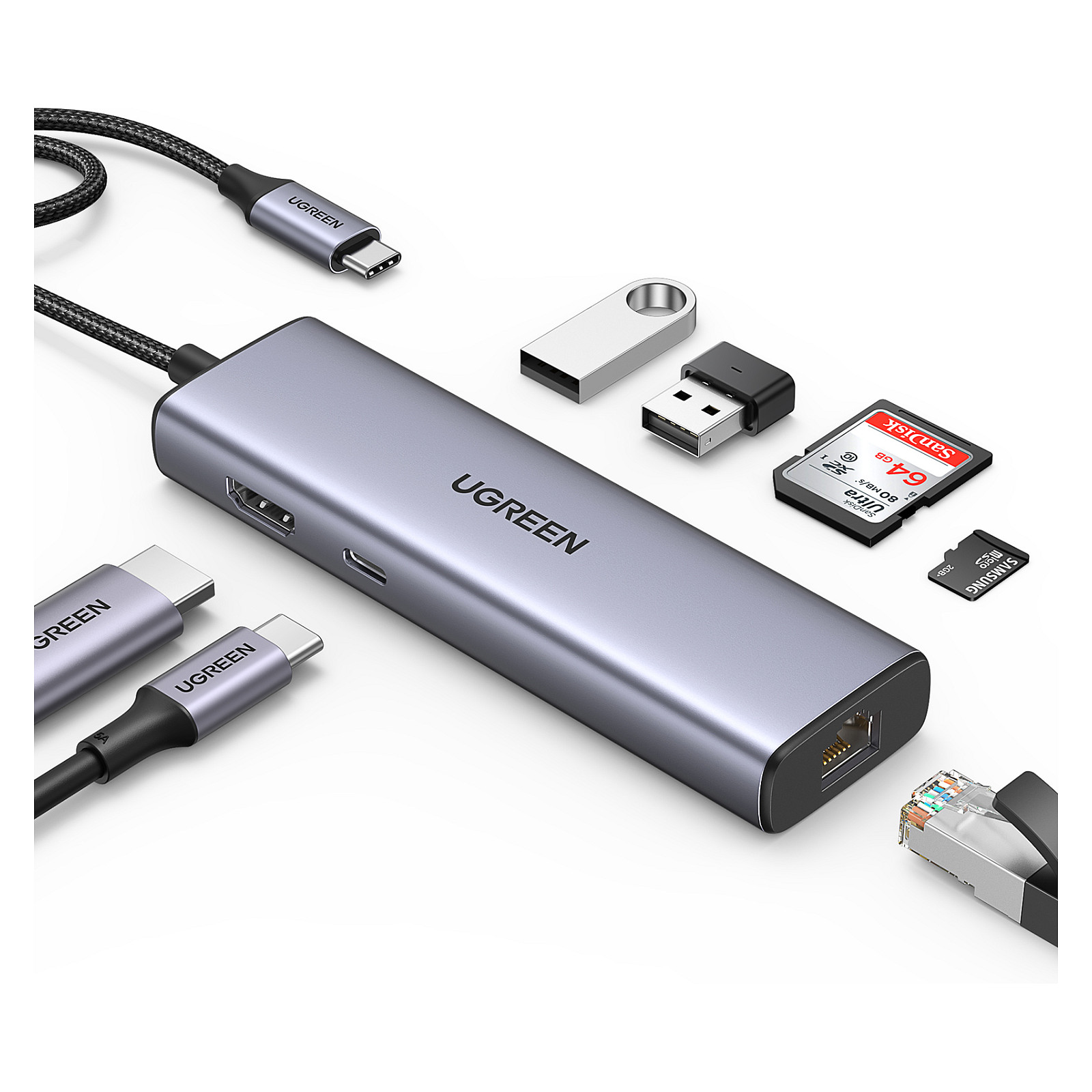 USB HUB UGREEN 7-in-1, USB-C na USB-C PD 100W, 2x USB-A 3.0, HDMI 4K@30, RJ45, čitač kartica SD/TF, sivi-9