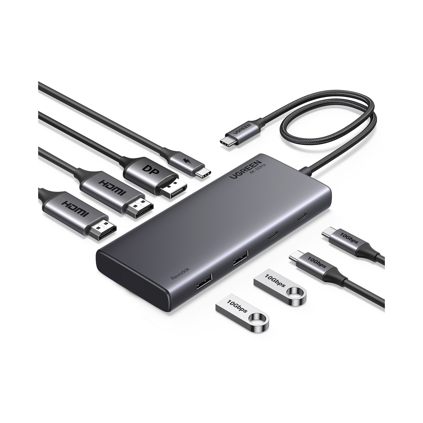 USB HUB UGREEN Revdok 8-in-1, USB-C na DisplayPort 4K@60Hz, 2x HDMI, USB-C PowerDelivery 100W, 2x USB-C, 2x USB-A, sivi-10
