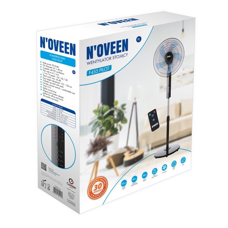 Ventilator N'OVEEN F455 16"/40 cm s daljinskim upravljačem, crna boja-2
