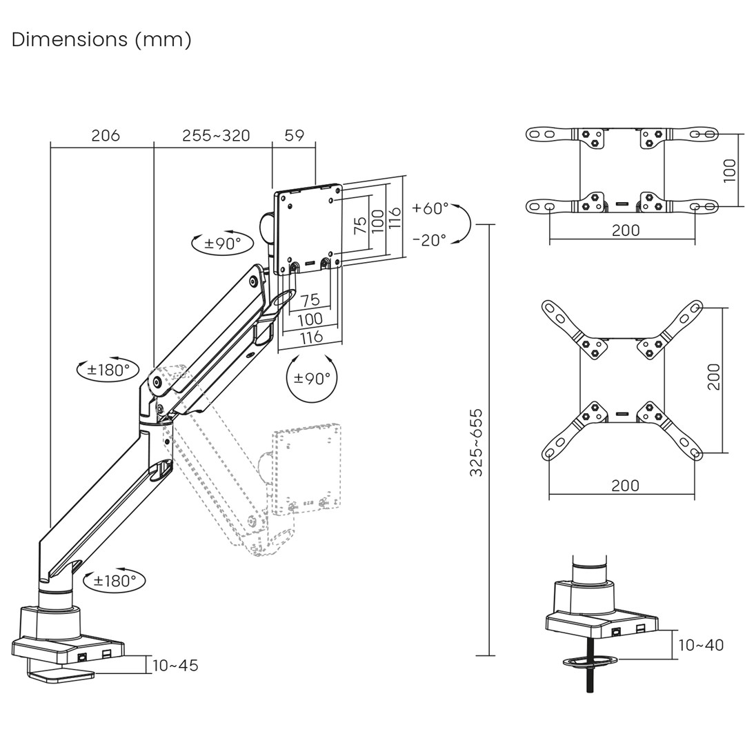 Maclean MC-968 Double Arm Monitor Mount with Gas Spring 17-57" 27 kg Heavy Duty Sturdy Full Motion Holder Bracket Max VESA 200x200-0