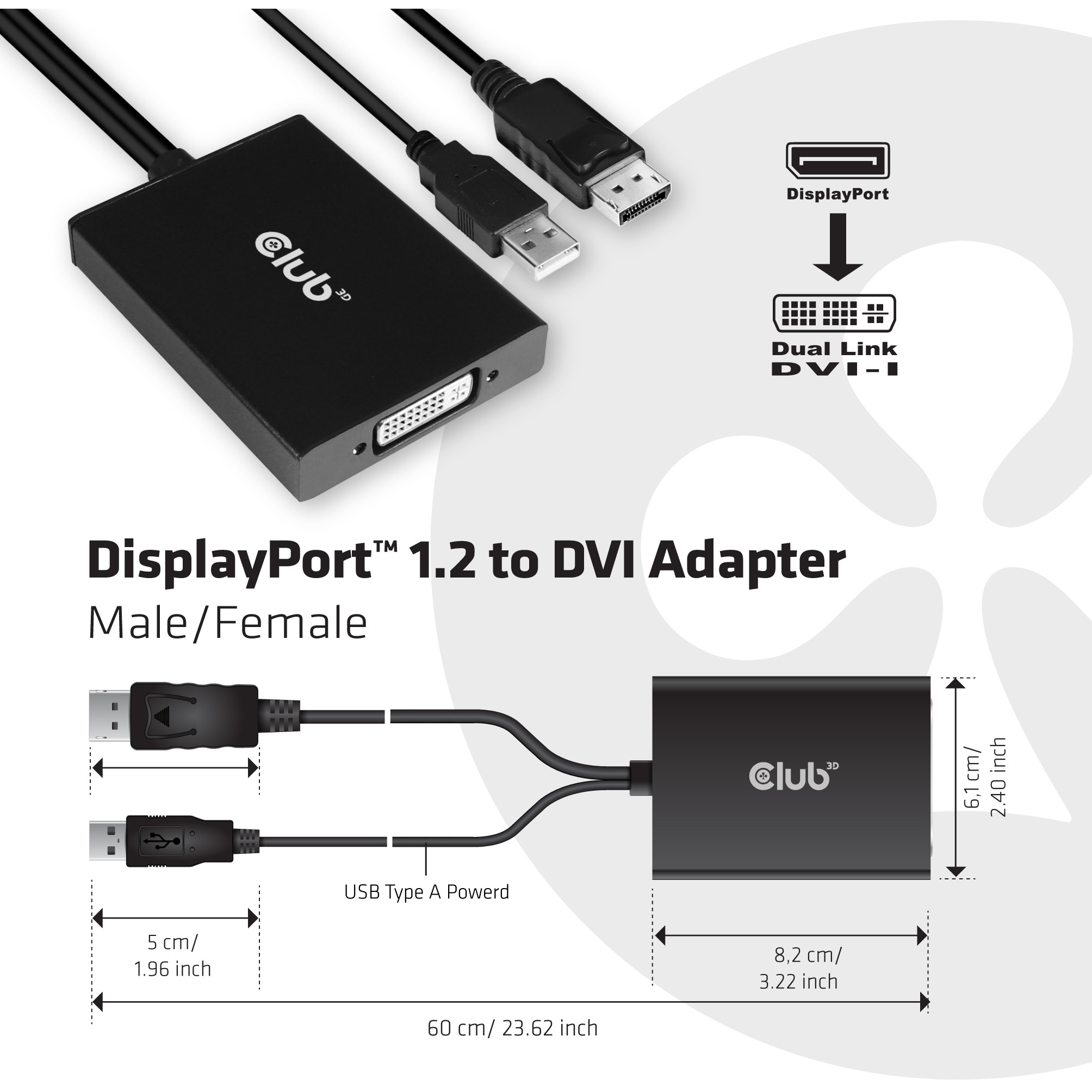 Adapter CLUB 3D DisplayPort to Dual Link DVI-D HDCP ON aktivni M/F-2