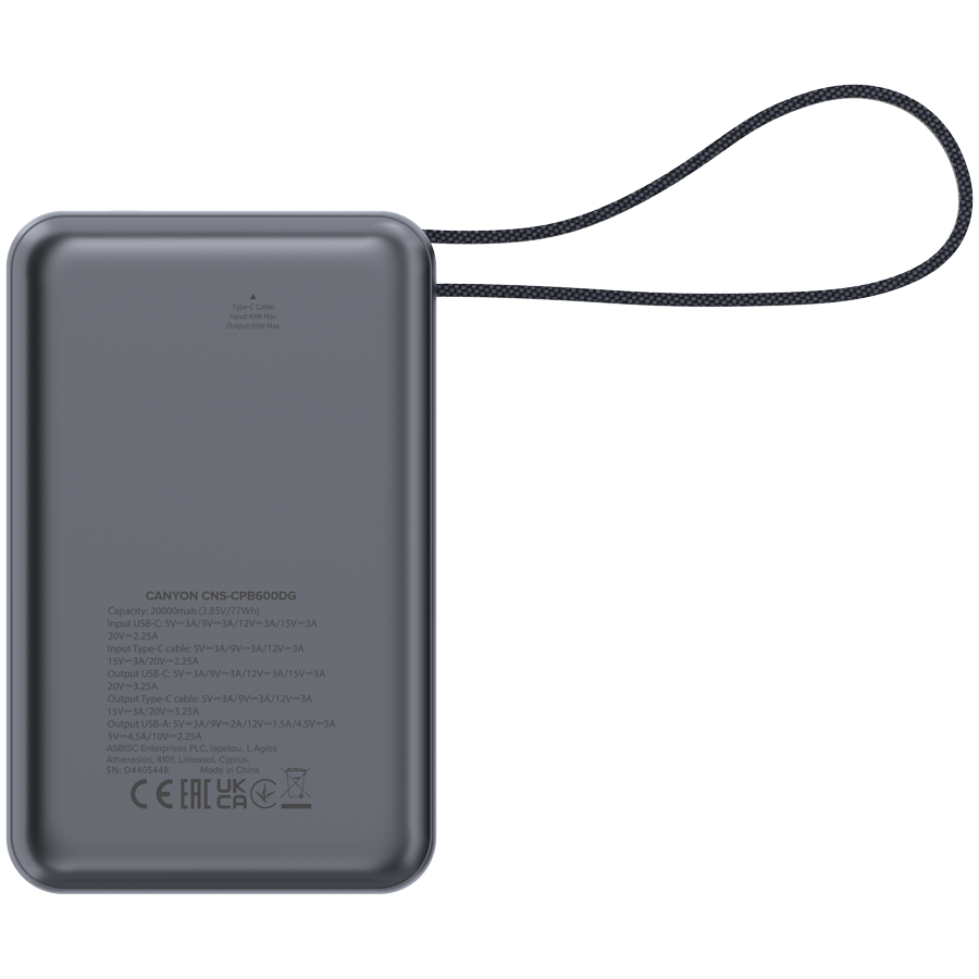 Power bank CANYON CNS-CPB600DG (20000 mAh, PD65W, ugrađeni kabel, tamno siva)-4