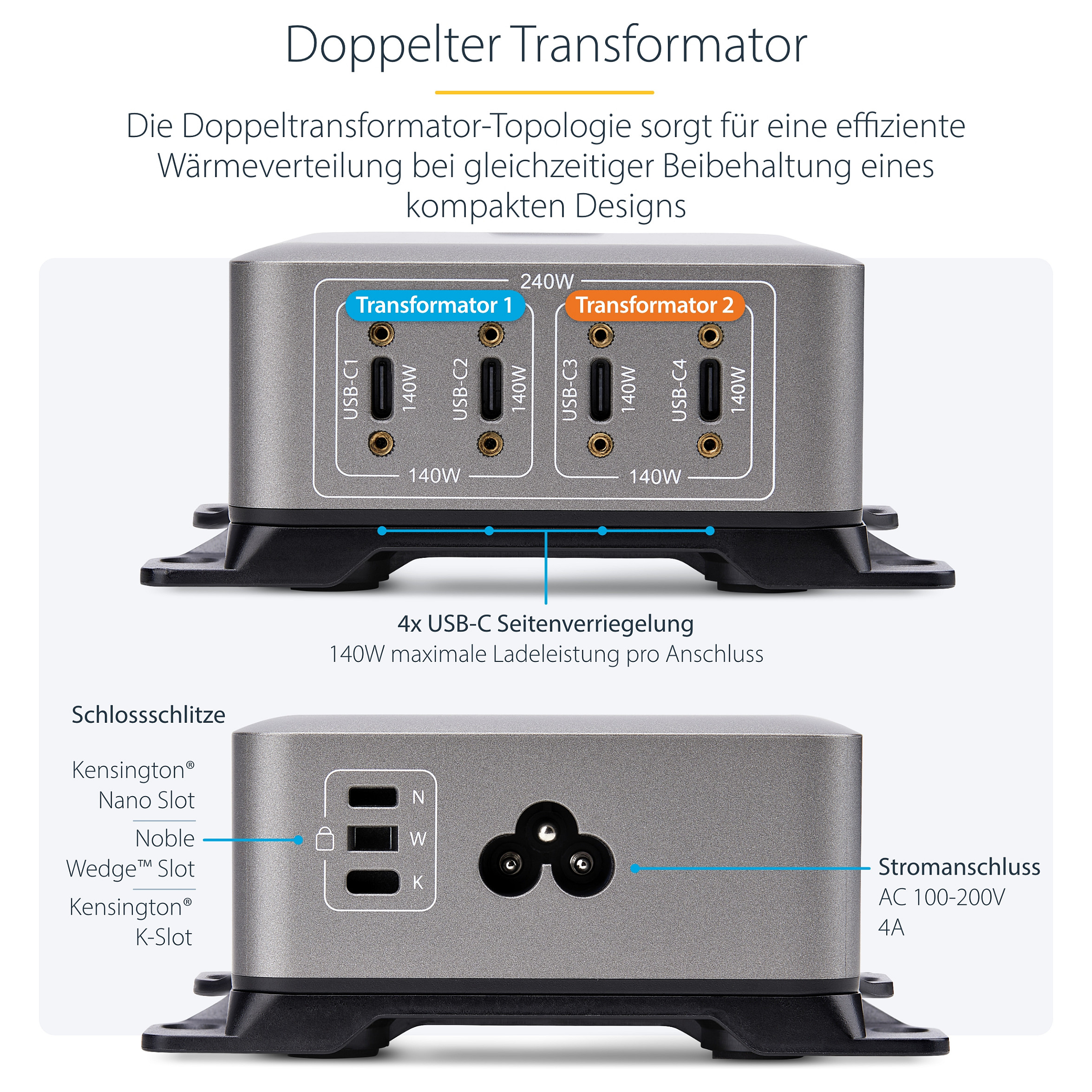 Punjač STARTECH.COM 4-Port USB-C (240W, 140W EPR, GaN, nosač za montažu)-6
