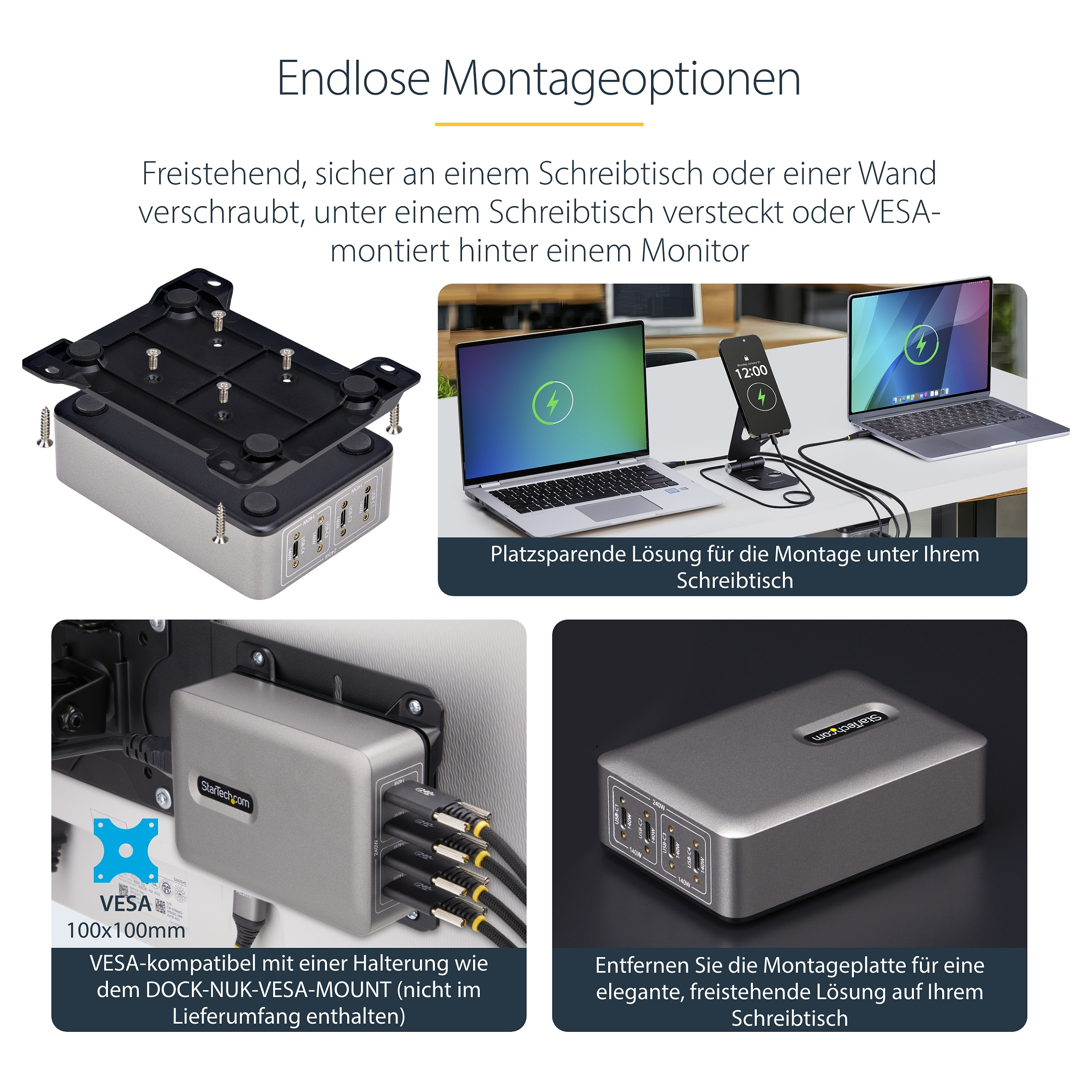 Punjač STARTECH.COM 4-Port USB-C (240W, 140W EPR, GaN, nosač za montažu)-24