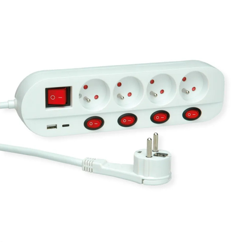 ROLINE naponska letva, 4 utičnice sa individualnim prekidačima, 1×USB A/1×USB C, 3.0m-1