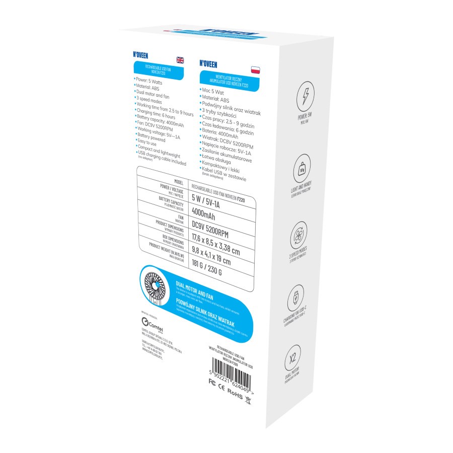 Prijenosni ručni ventilator N'OVEEN F220 (USB punjivi)-5